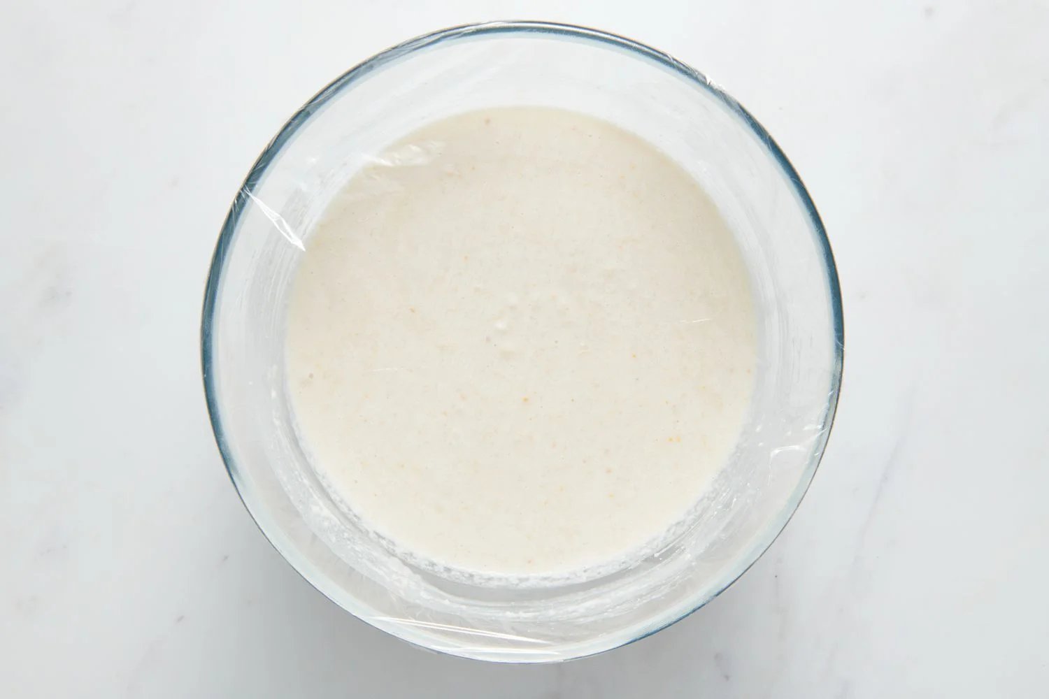 Covered bowl of batter for fermentation