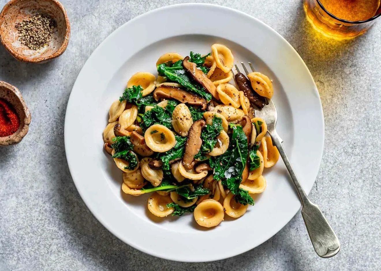 Pasta with Smoky Shiitakes and Winter Greens