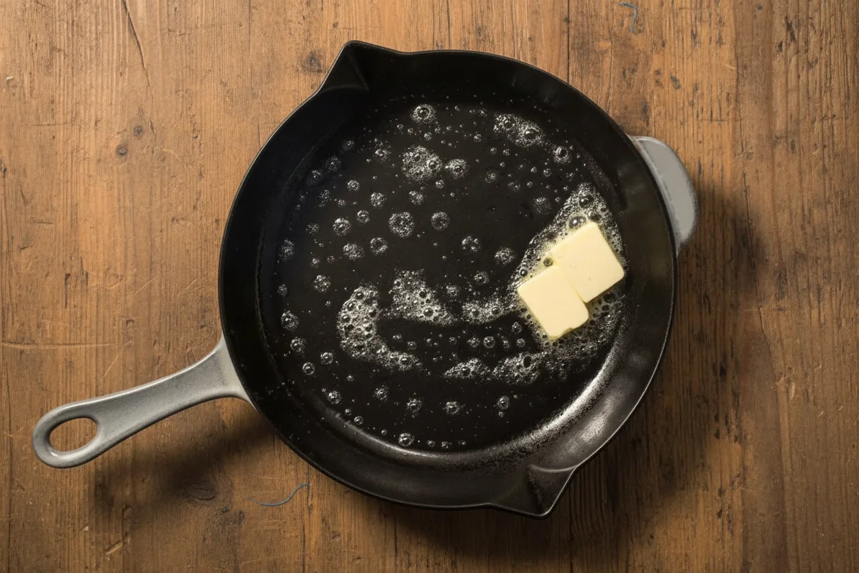 Pieces of butter melting in a hot cast iron pan