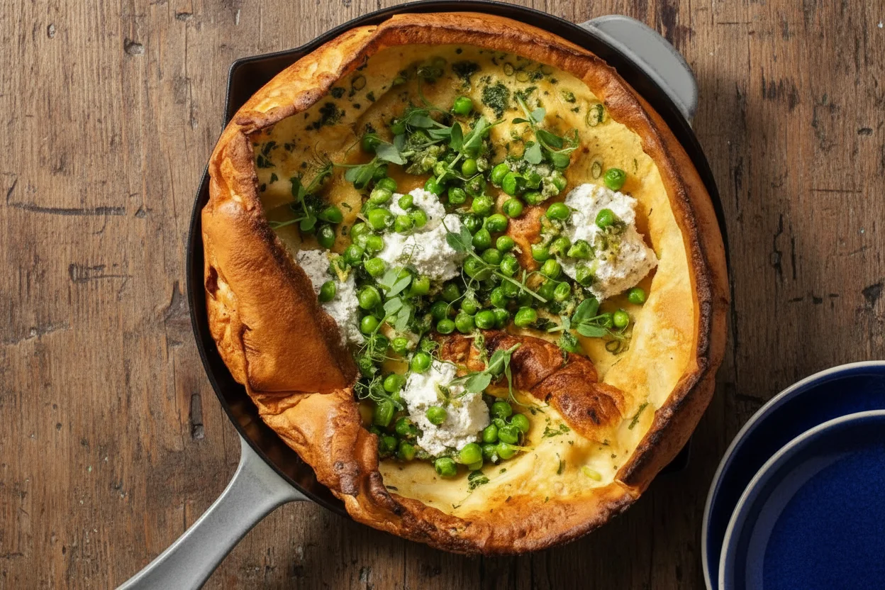 A Boursin and peas Dutch Baby garnished with parsley and pea shoots