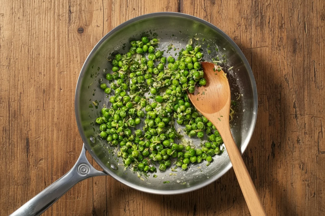 Parsley, salt, pepper, and lemon zest added to the pan of cooked peas