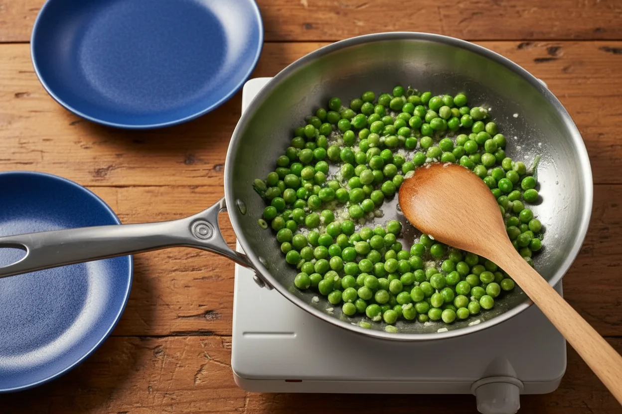 Peas, garlic, and scallions cooking in olive oil and butter