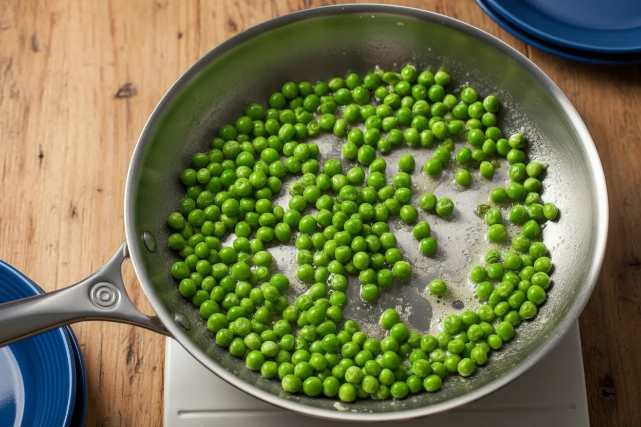 Water added to the pan of cooking peas