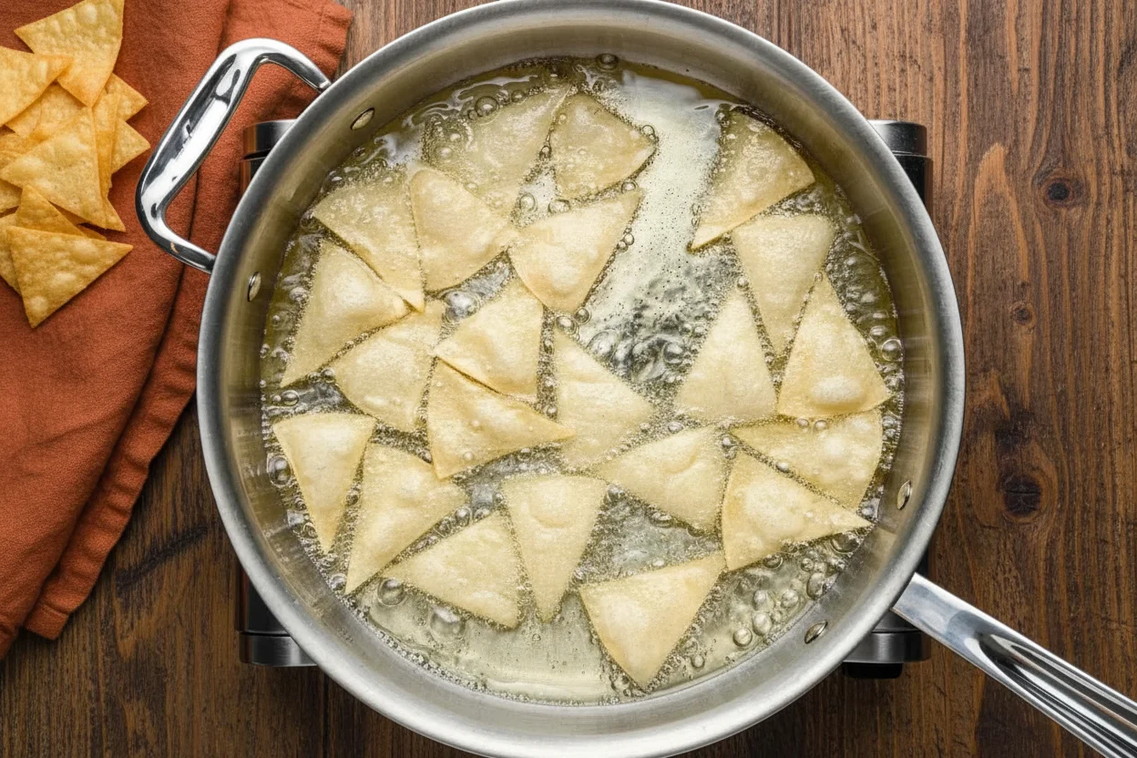 Wedges of tortillas frying in a pan of oil