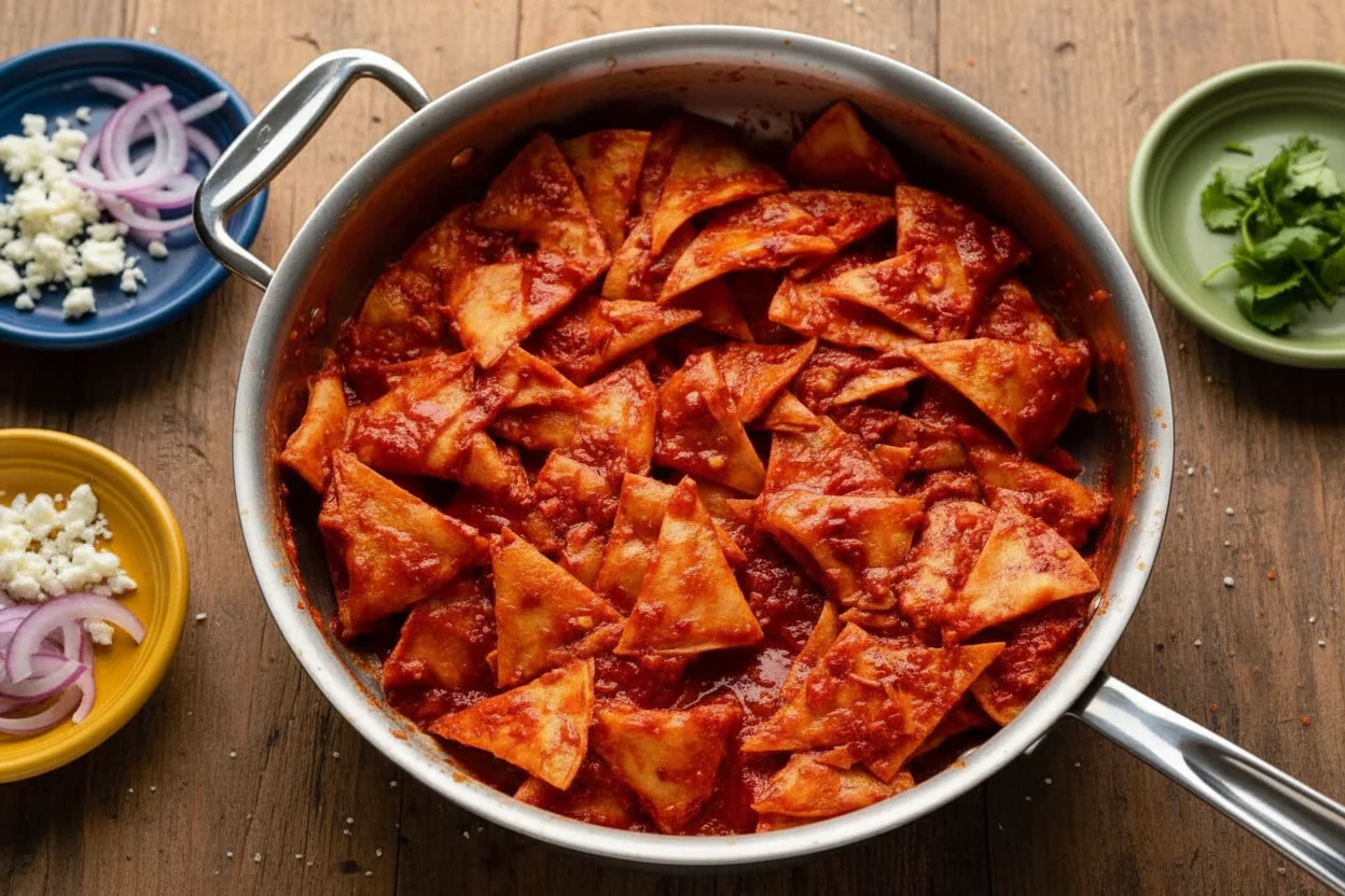 A pan of fried tortilla chips tossed in a chile-tomato sauce
