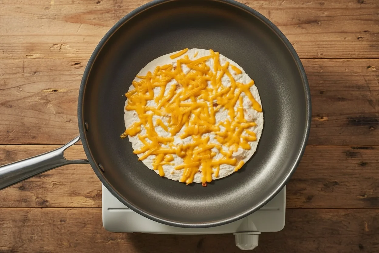 A tortilla topped with shredded cheese in a skillet
