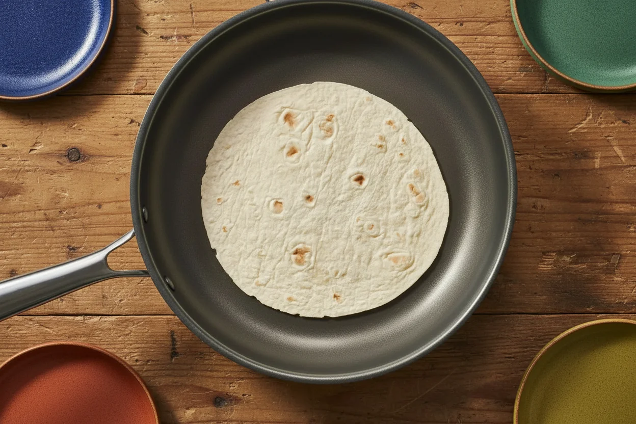 A tortilla in a skillet