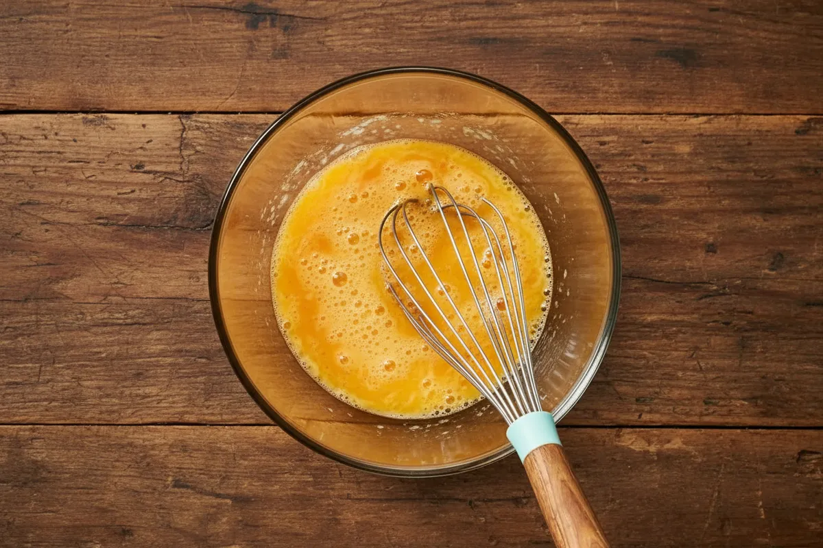 A bowl of beaten eggs with salt and pepper