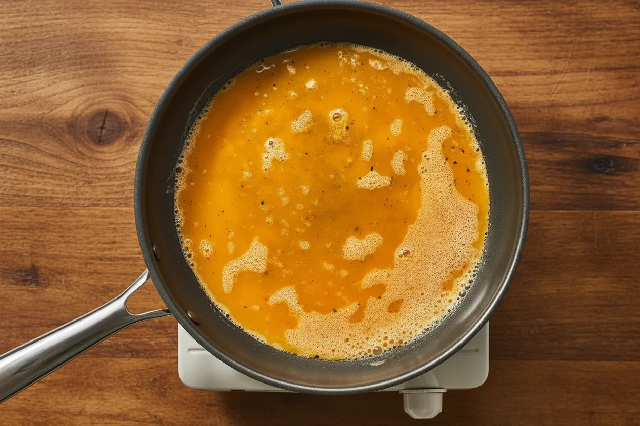 A pan with raw, beaten eggs
