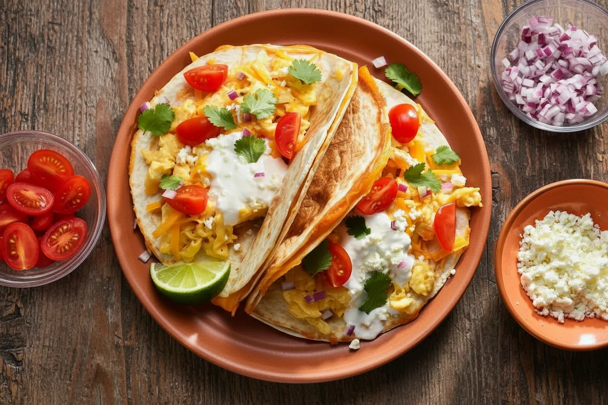 Breakfast quesadilla tacos topped with cilantro, sour cream, and tomatoes