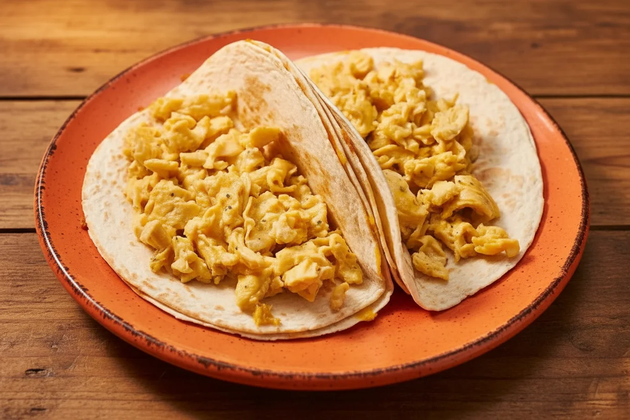 Two quesadillas topped with scrambled eggs