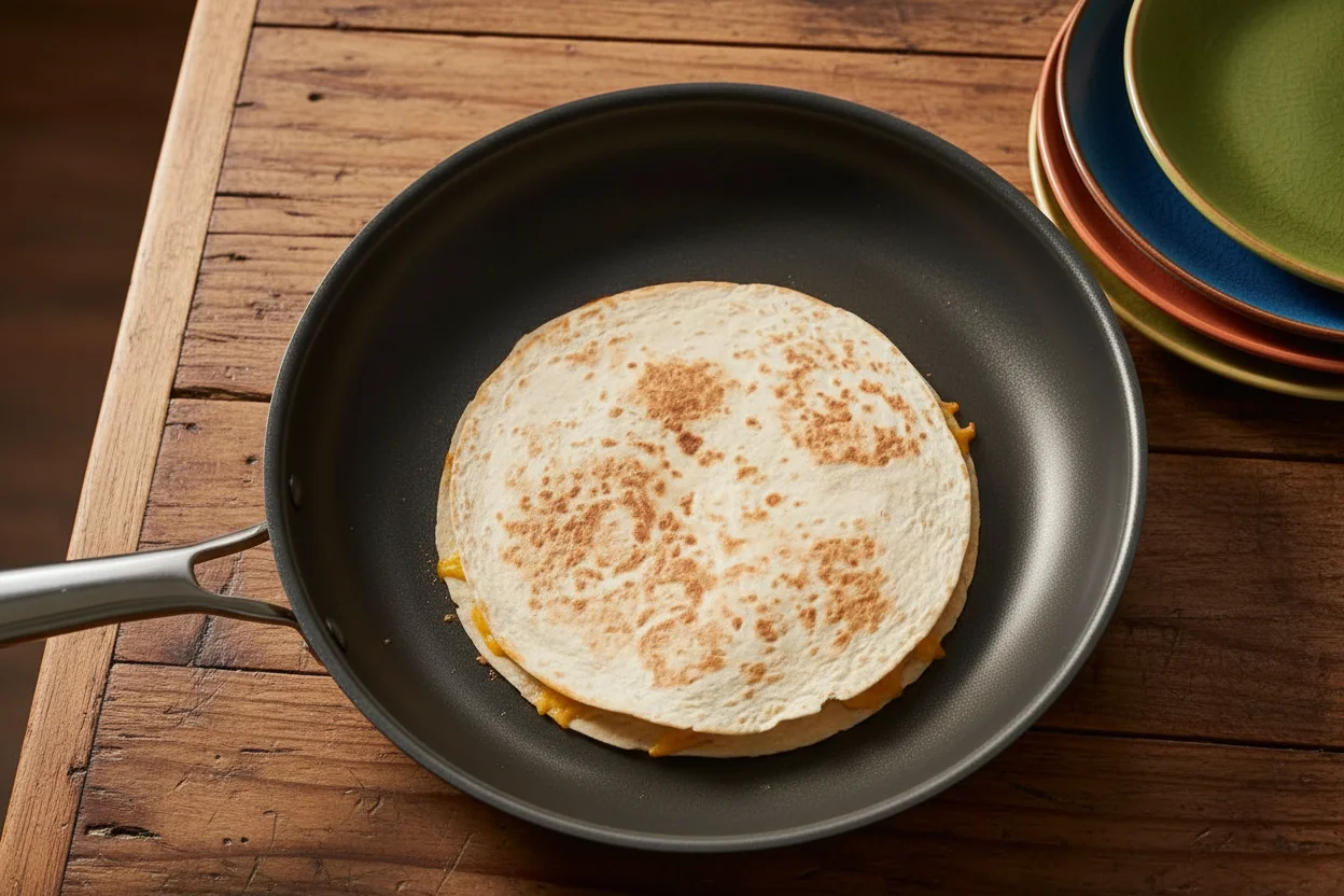A cheese quesadilla in a skillet