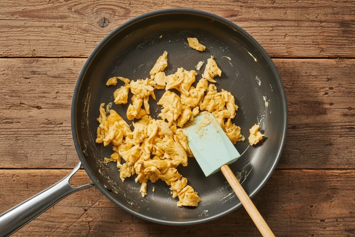 A rubber spatula tossing scrambled eggs in a pan