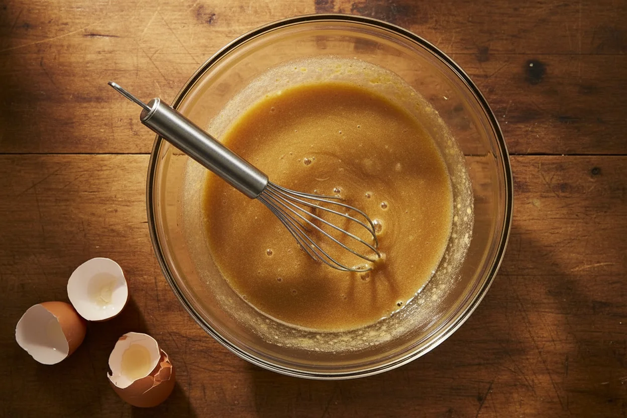 Eggs whisked into brown sugar mixture