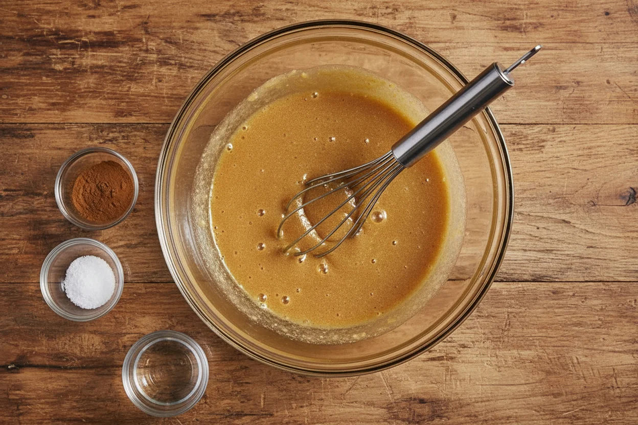Spices and baking powder being added to wet ingredients