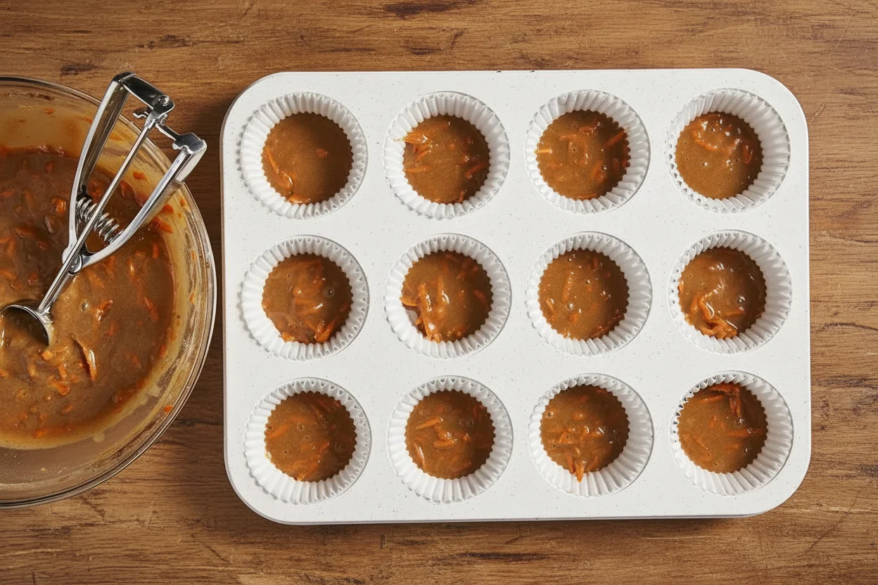 Small amount of batter scooped into muffin tin