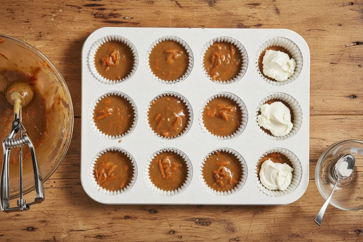 Dollop of cream cheese added to each muffin cup