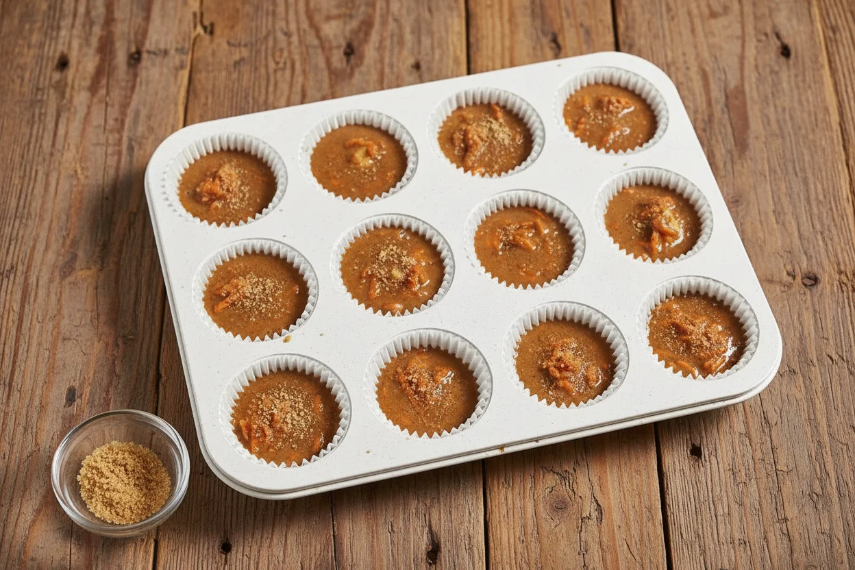 Muffin batter sprinkled with sugar before baking