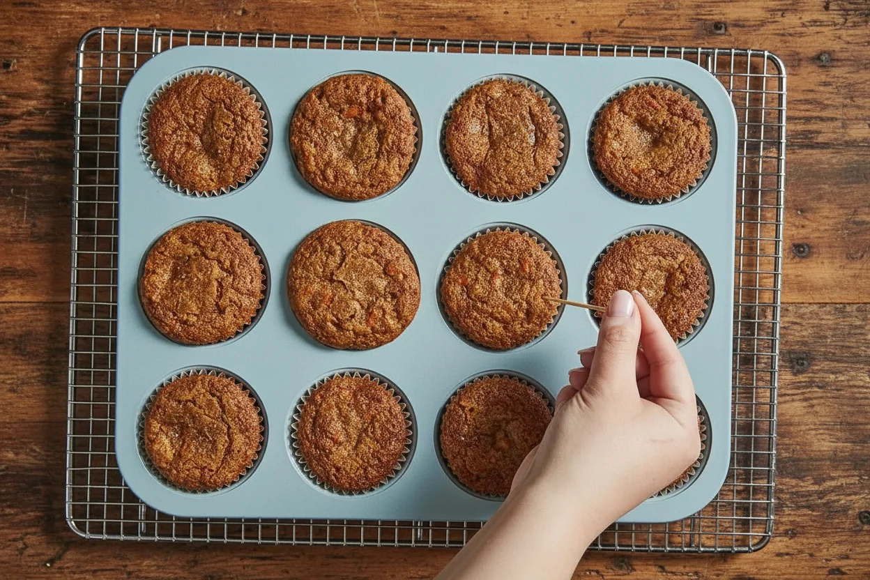 Muffins from oven being tested with a toothpick