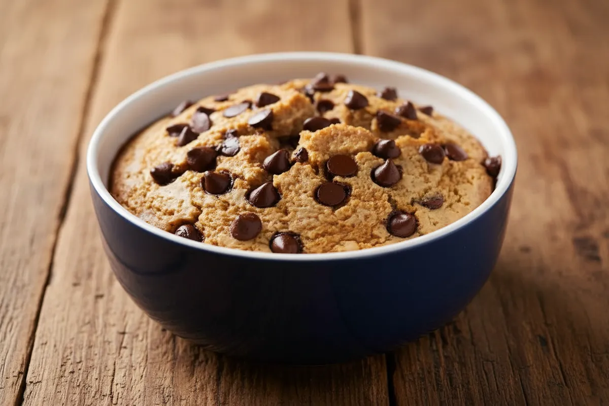 Blended Baked Oats with chocolate chips in a ramekin
