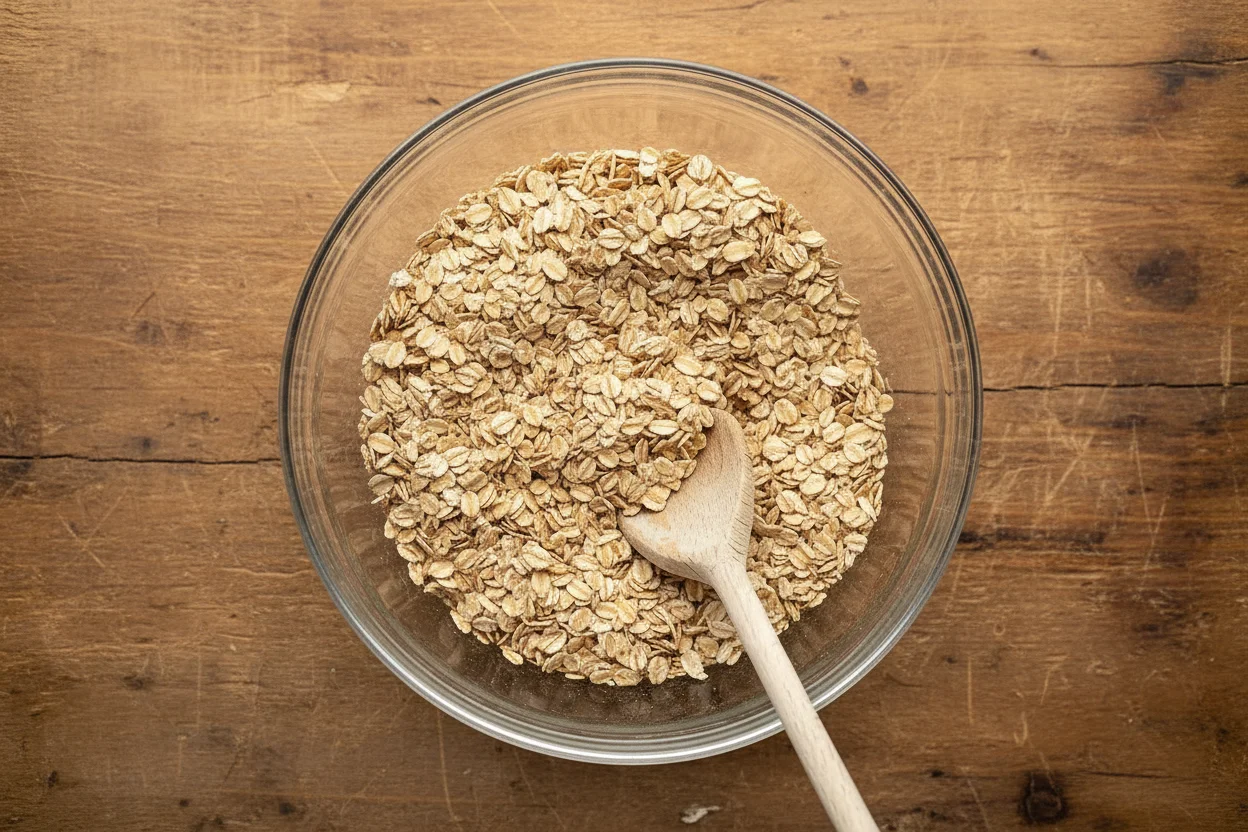 Rolled oats, baking powder, cinnamon, and salt in a bowl with a wooden spoon