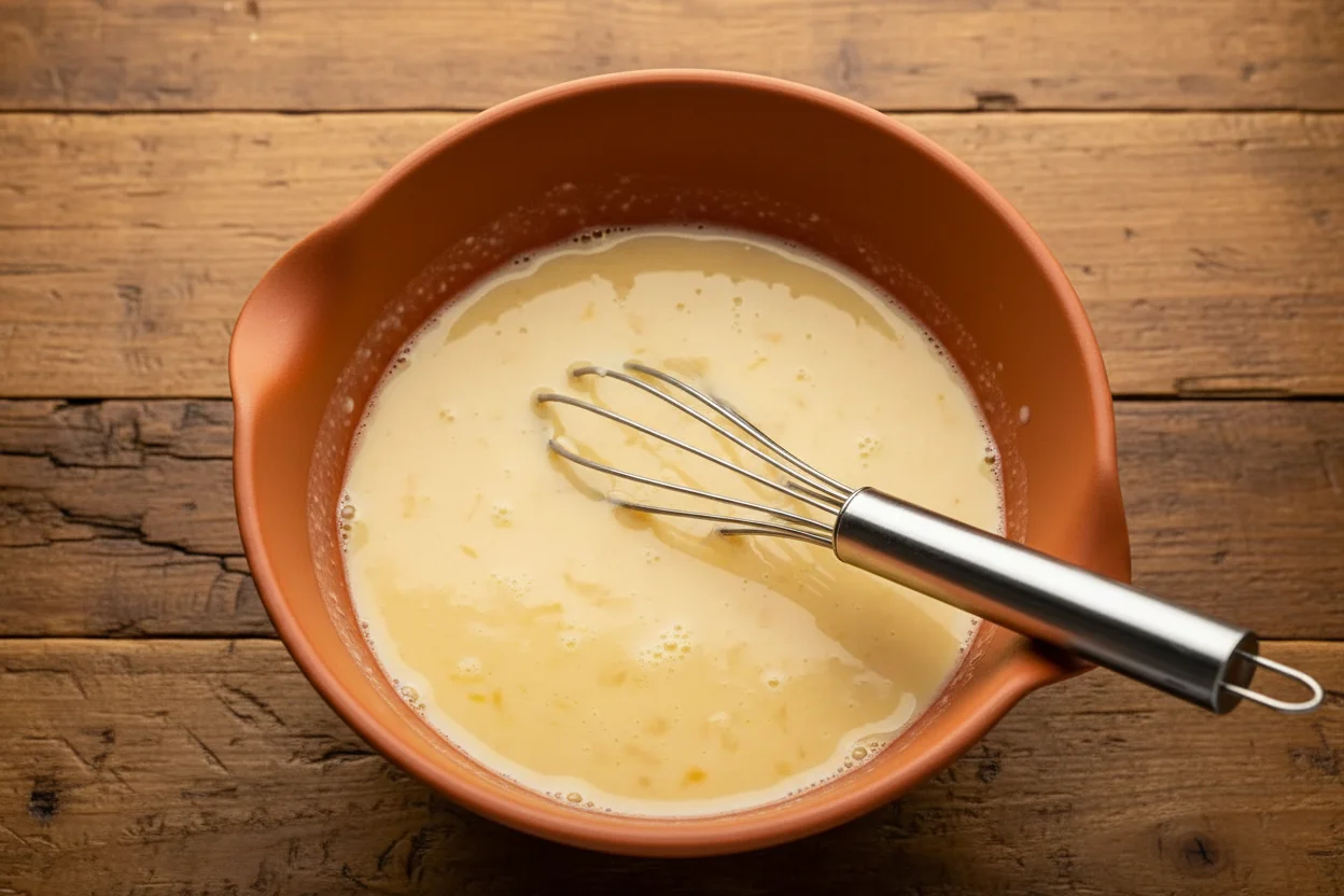 Eggs, milk, vanilla, and maple syrup in a bowl with a whisk