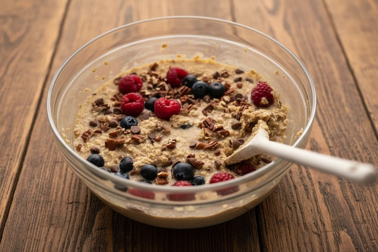 Oatmeal with berries and nuts in a bowl, with a wooden spoon