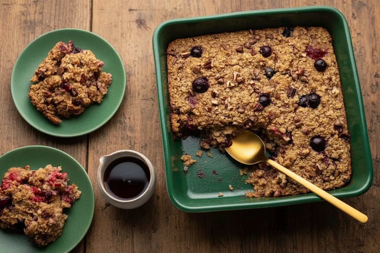 Easy Baked Oatmeal in a baking dish and on plates