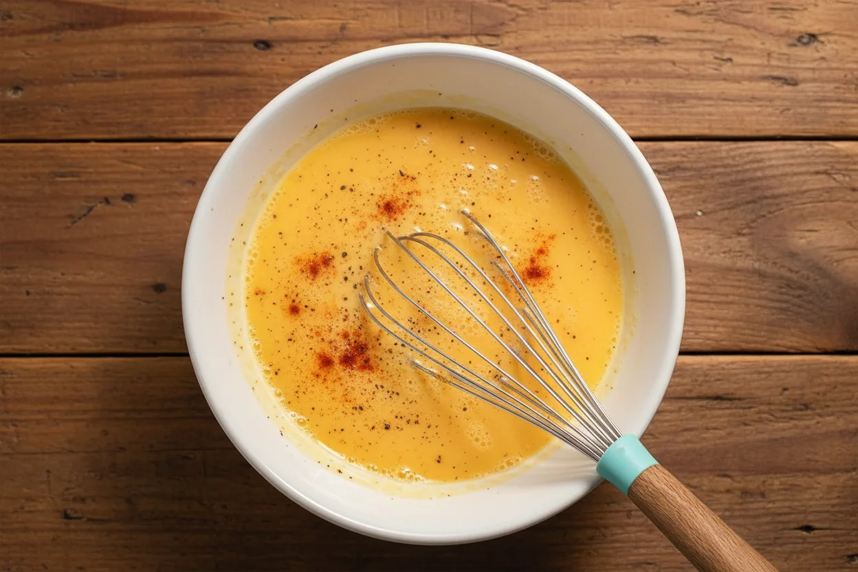 Eggs whisked together in a bowl with shredded cheese, half-and-half, salt, pepper, and nutmeg