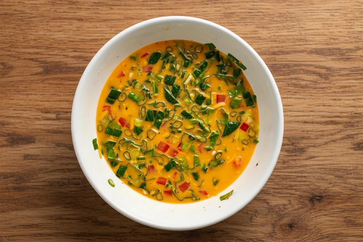 Eggs and vegetable mixture in a white bowl