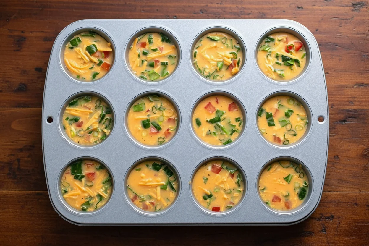Egg and vegetable mixture poured into greased muffin tins