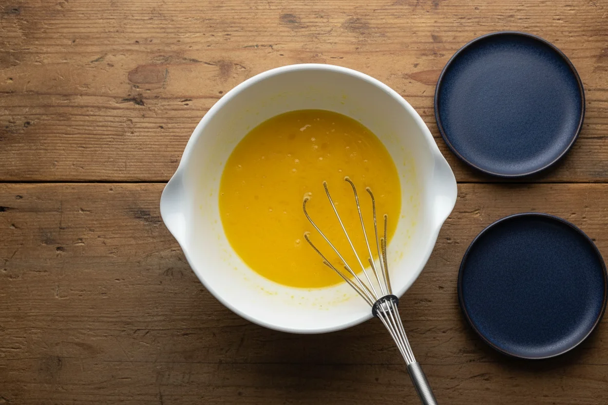 Bowl with eggs, sugar, and lemon mixture being whisked