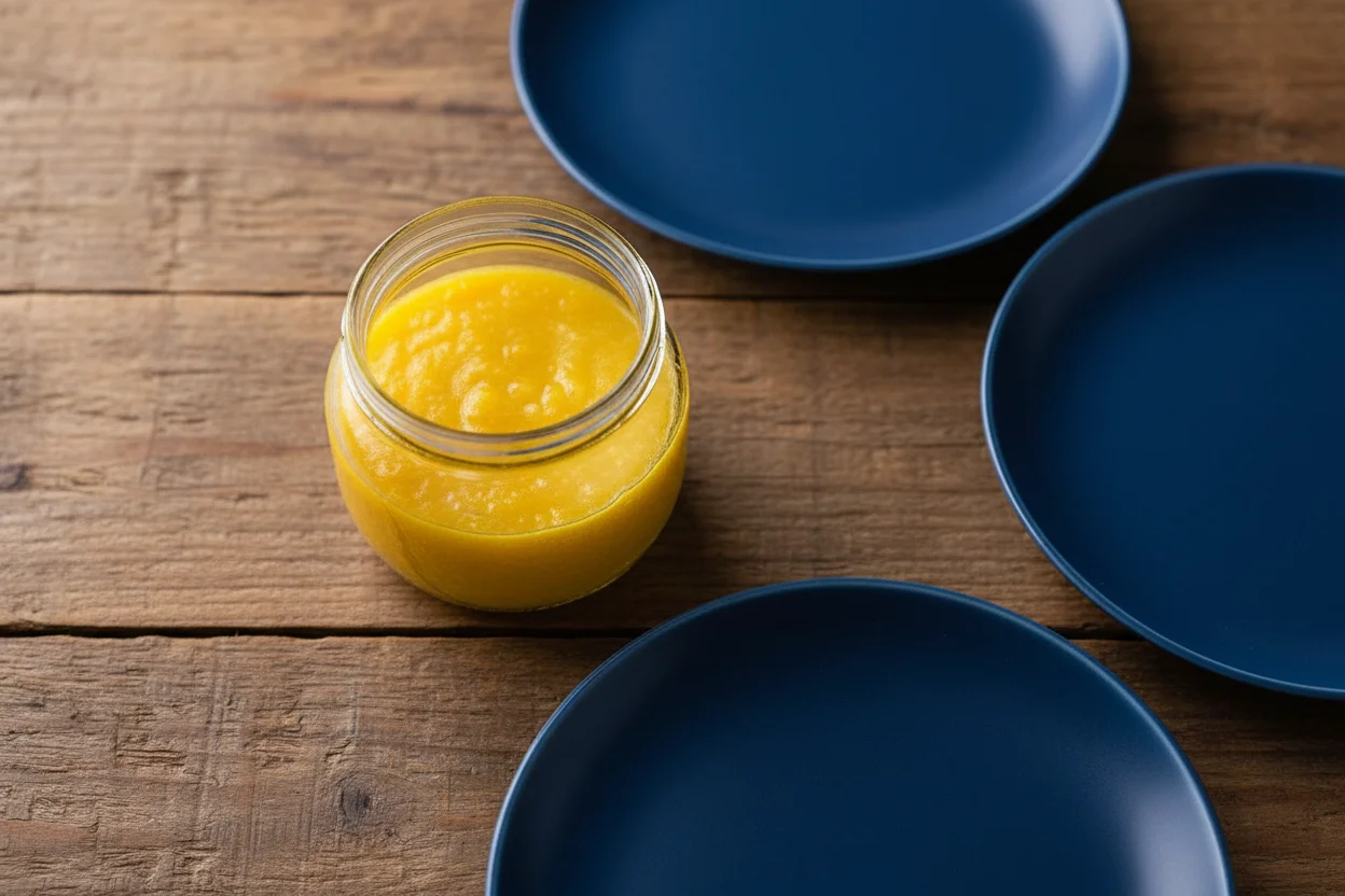 Thickened lemon curd mixture in a container