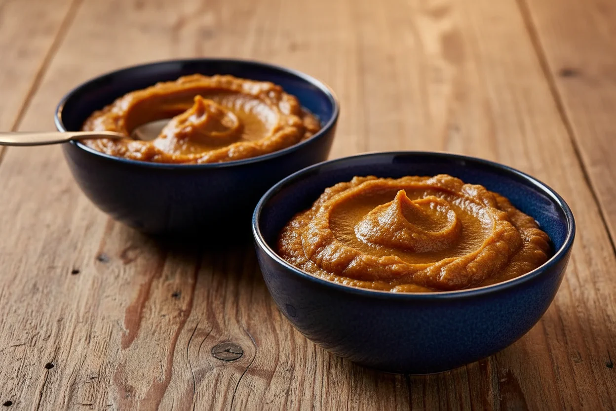 Pumpkin Butter in a pan on a burner, with a metal spoon
