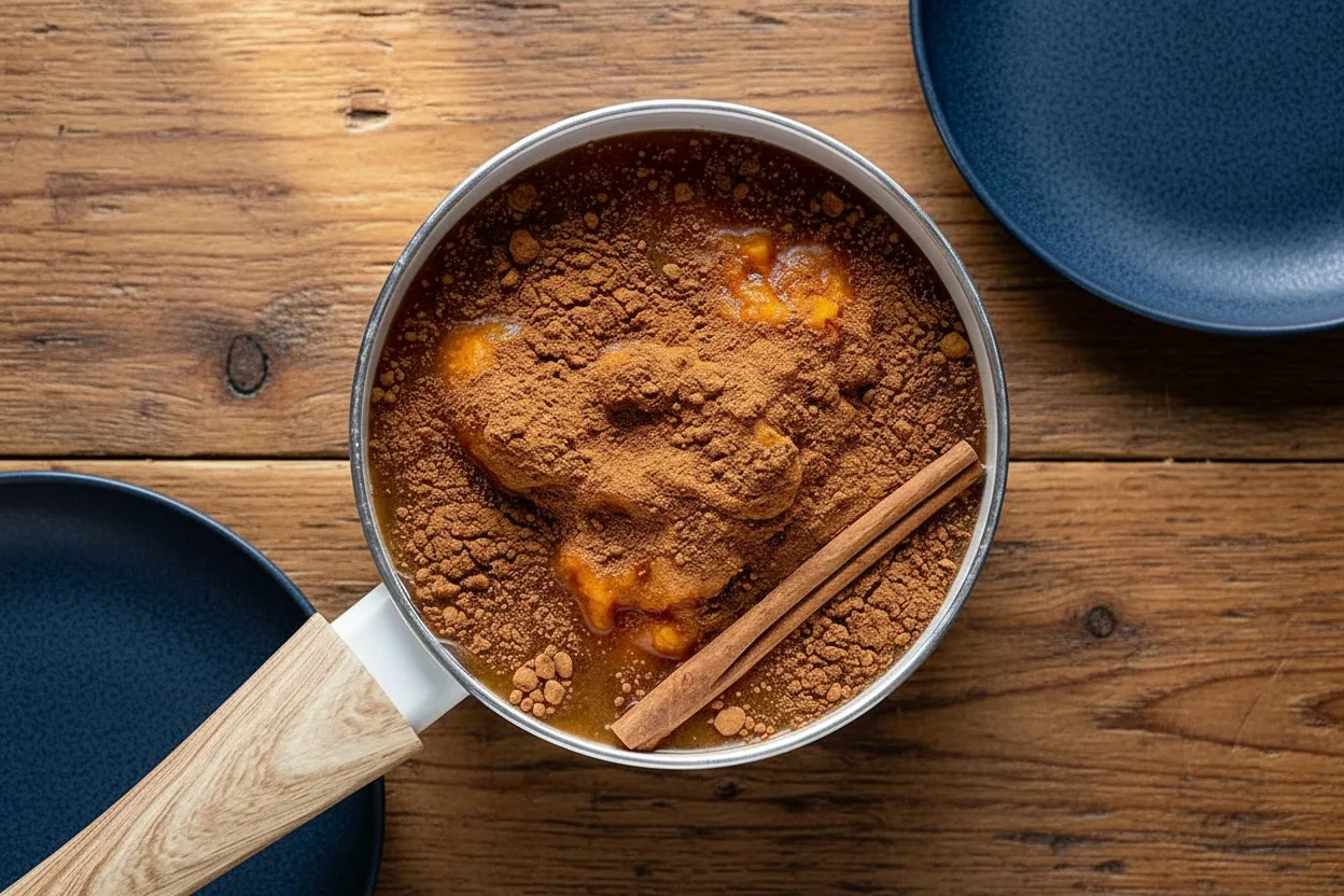 Pumpkin, apple cider, maple syrup, pumpkin pie spice, salt, and cinnamon stick in a pan on a burner