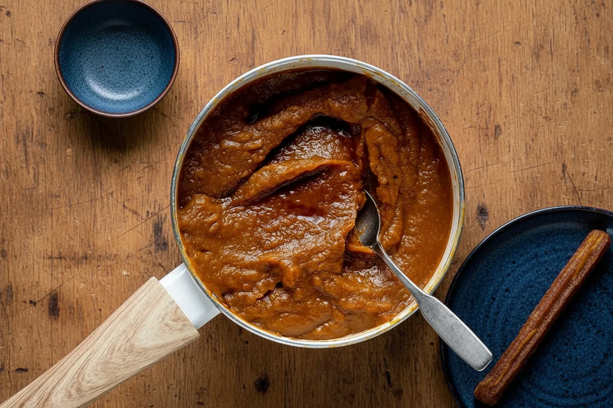 Pumpkin Butter in a pan with vanilla, and a cinnamon stick on a plate