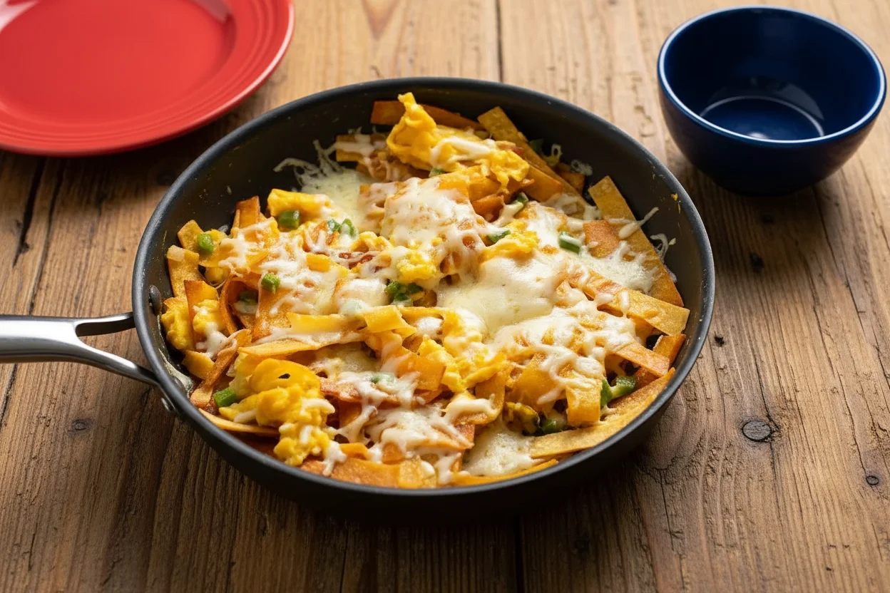 Melted cheese on top of the tortilla and eggs mixture in a pan