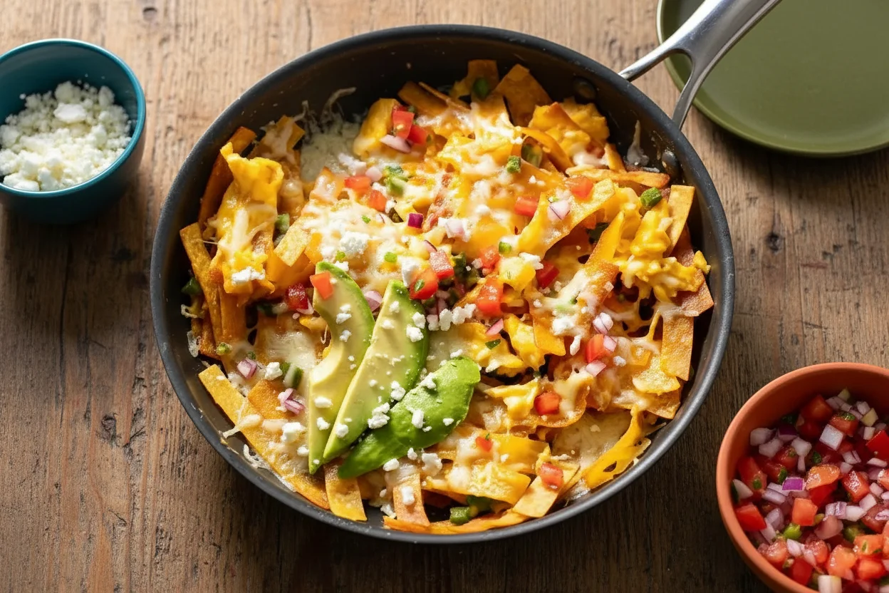 Migas in a pan, topped with avocado, cotija cheese, and salsa