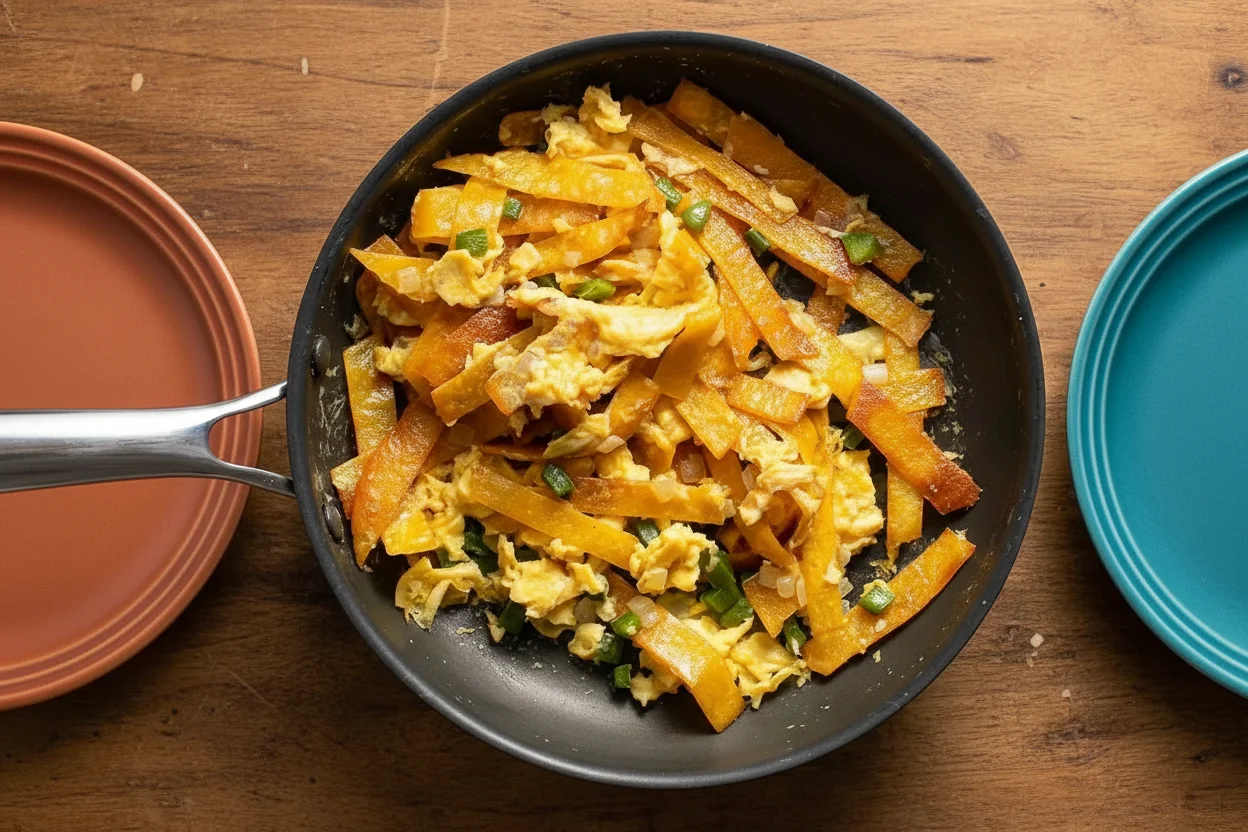 Eggs, tortilla strips, onions, and peppers in a pan, on a burner