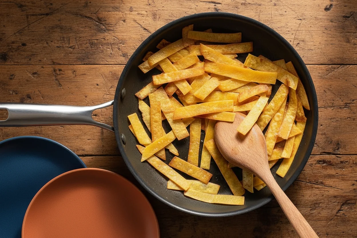 Tortilla slices in a pan with a wooden spoon, on a burner