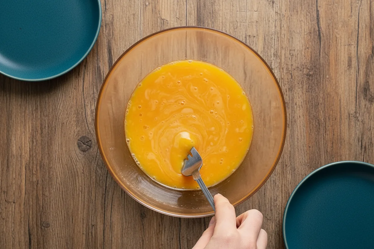 Eggs and salt in a glass bowl, stirred with a fork
