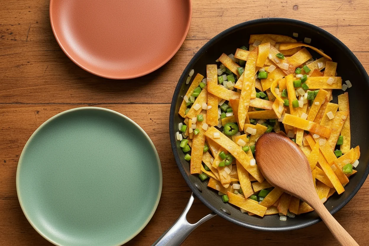 Tortilla strips, onions, and peppers in a pan with a wooden spoon, on a burner