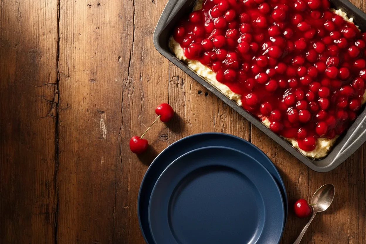 Cherry pie filling on top of the cake batter