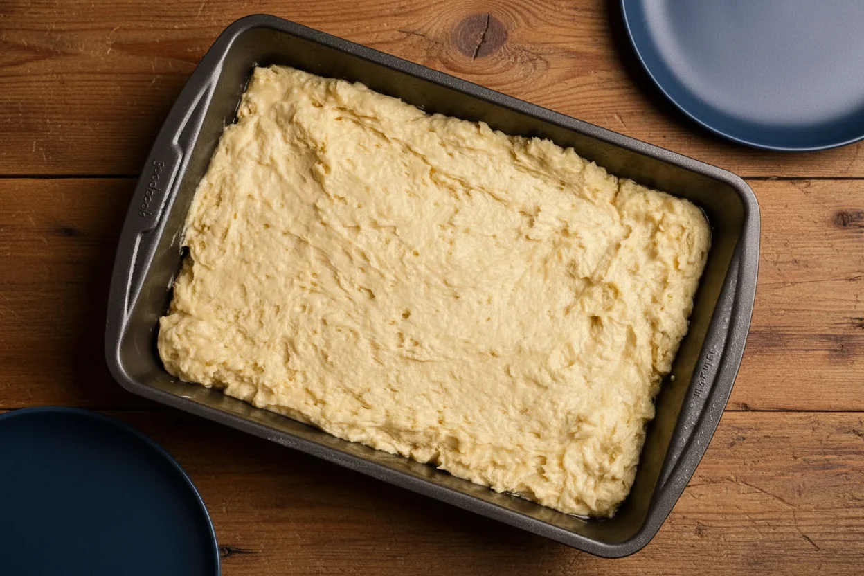 Cake batter in the prepared baking dish