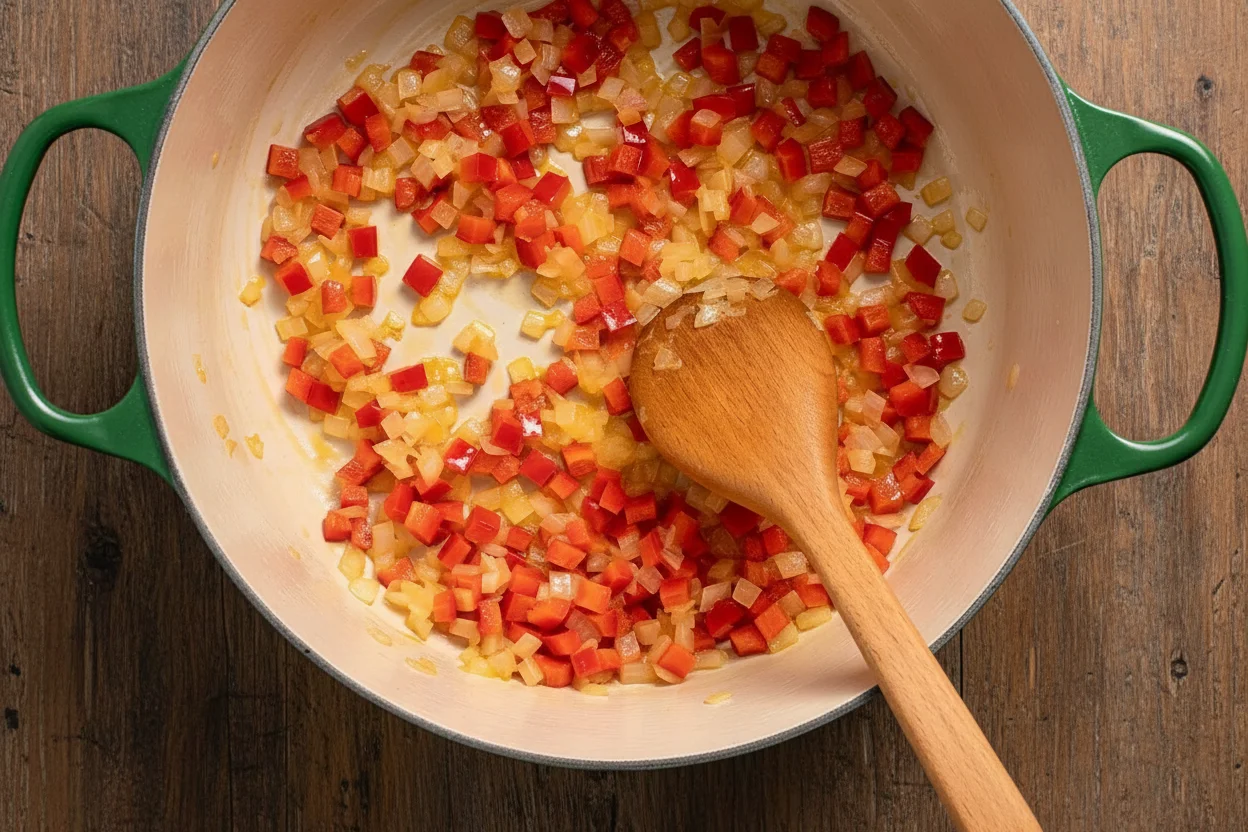 Onions and peppers cooking in a pot on a burner