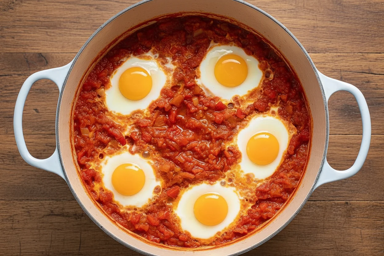 Eggs in the tomato sauce in a pot