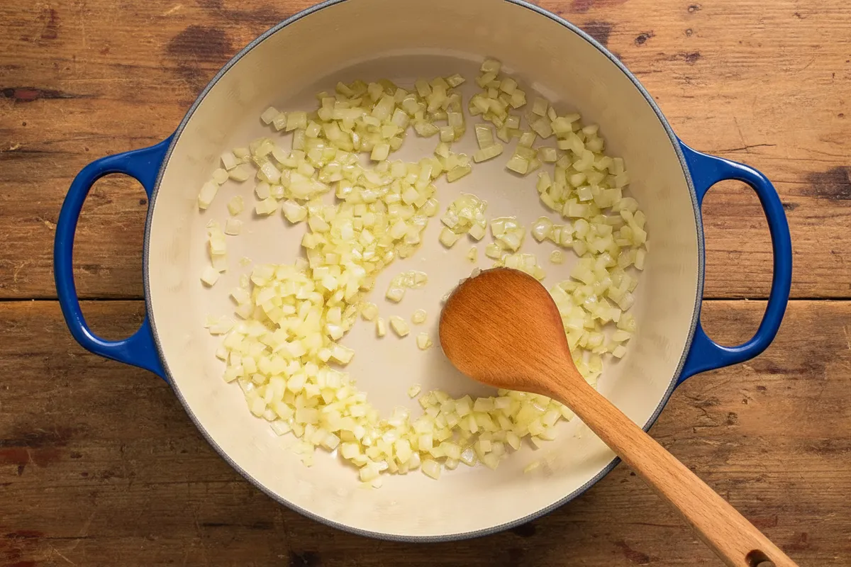 Onions cooking in a pot on a burner with a wooden spoon