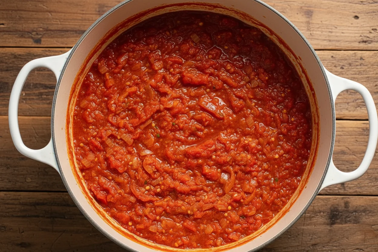 Cooking tomato sauce in a pot