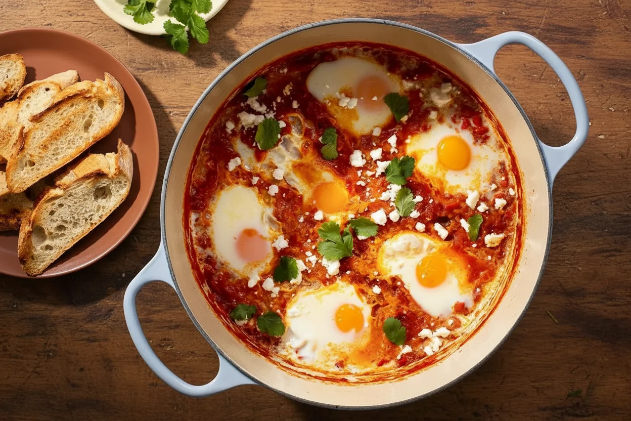 Shakshuka served in a pot with toasted bread on the side