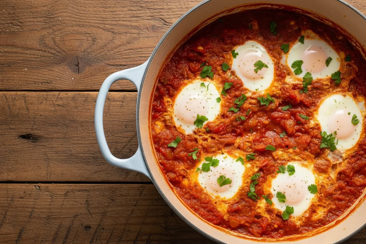 Eggs cooking in the tomato sauce in a pot